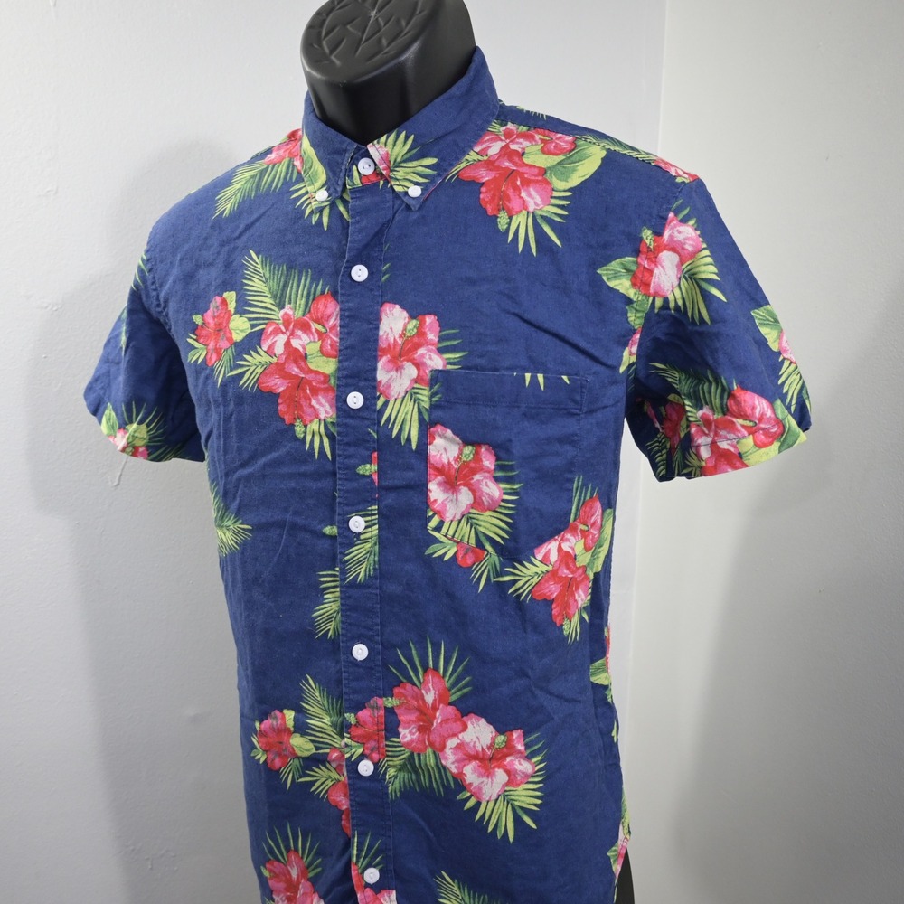 J.Crew Button Up Short Sleeve Shirt Mens M Slim Blue Floral Cotton Linen E8666